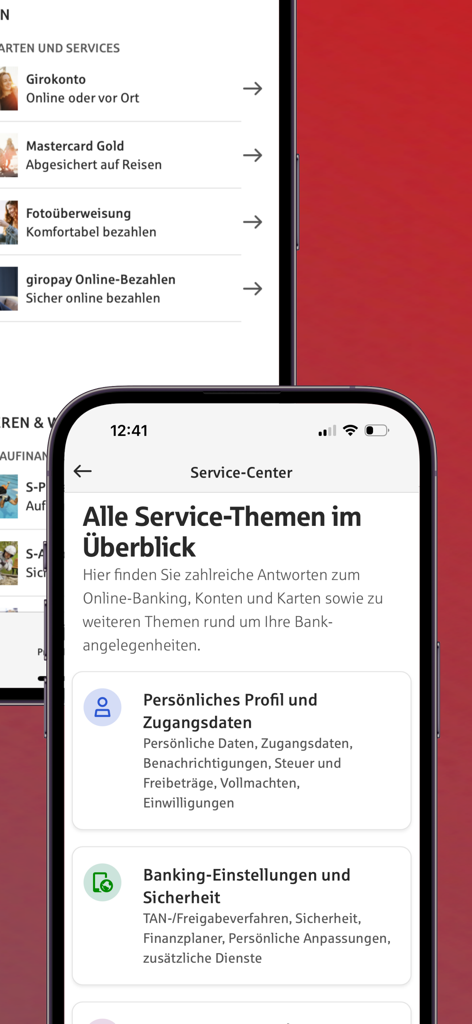 Sparkasse mobile banking app service center interface on iPhone