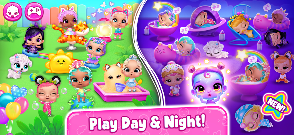 Giggle Babies - Toddler Care - Split screen showing toddler characters playing in a sandbox during the day and sleeping in colorful beds at night.