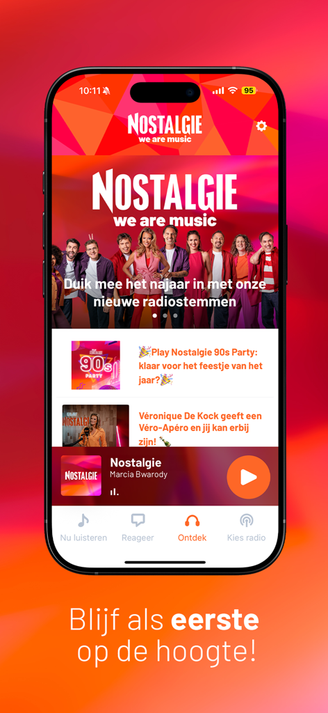 Home screen of the Nostalgie Belgie radio app featuring new presenters and music programs