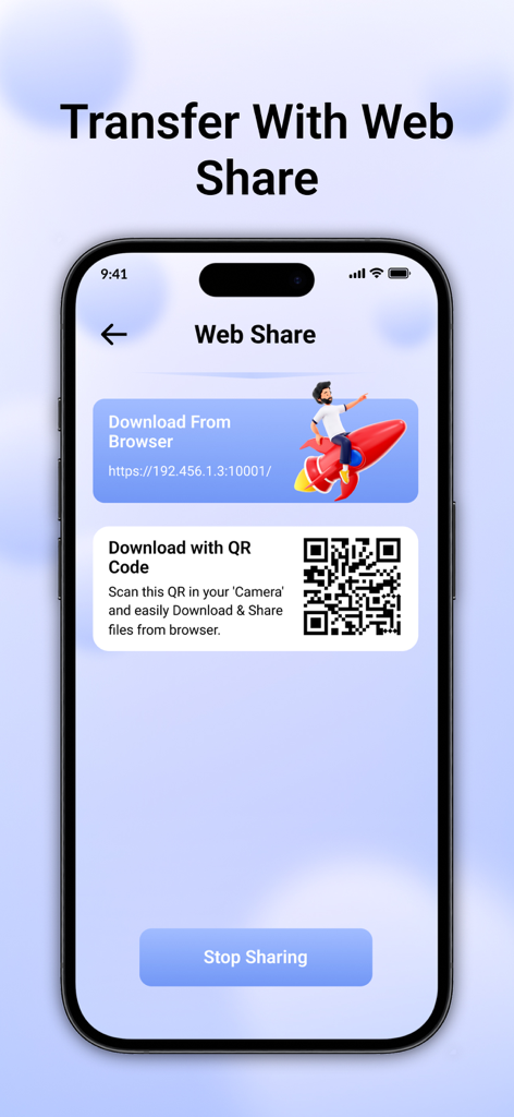 ShareMe – Fast File Sharing - Interfaz de la aplicación ShareMe que muestra la función Web Share con una URL y un código QR para transferir archivos de forma inalámbrica a otros dispositivos