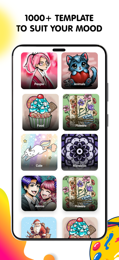 Pop Color: Painting & Coloring - Tela de aplicativo móvel mostrando mais de mil modelos de colorir em várias categorias como animais e mandalas