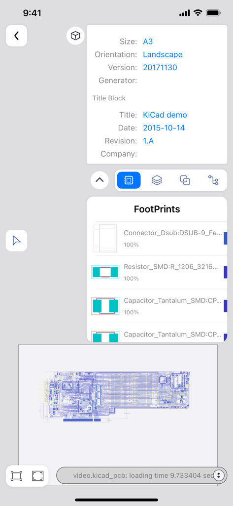 KiCAD PCB Viewer Mobile-Oberfläche, die das Schaltungslayout und die Komponenten-Footprints anzeigt.