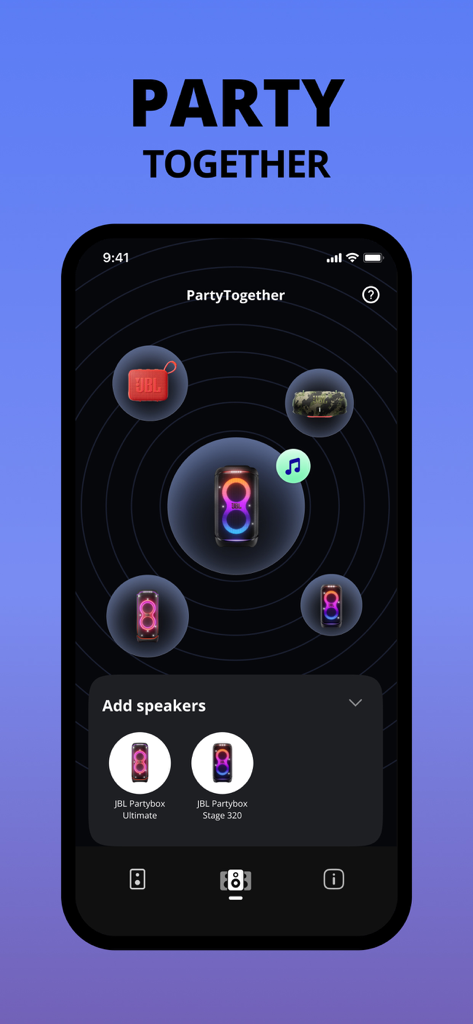 Interface of the JBL PartyBox app showing the PartyTogether feature to connect multiple speakers wirelessly.