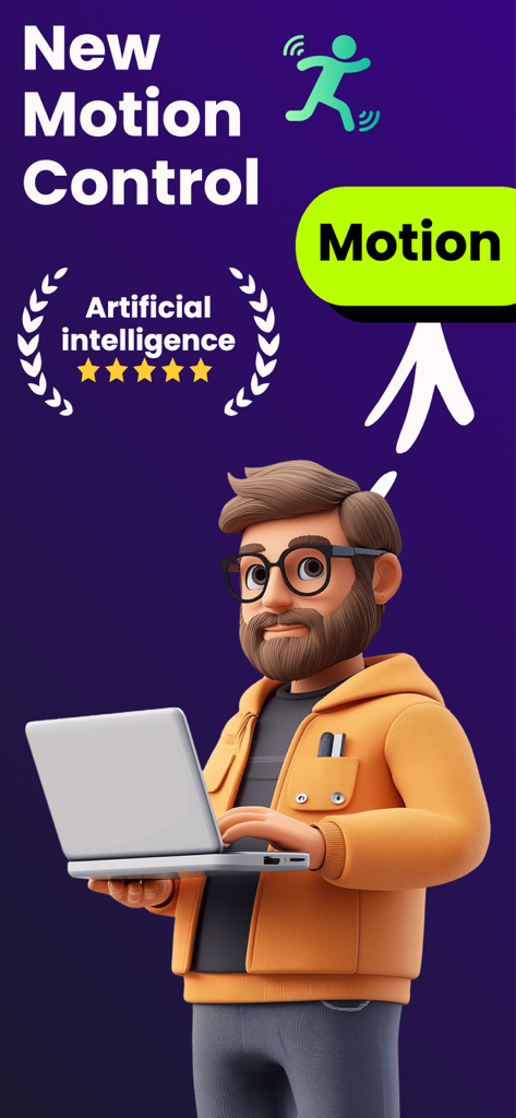 Motionly : AI Motion Control - 3D-Charakter mit einem Laptop, der KI-Bewegungssteuerungsfunktionen veranschaulicht