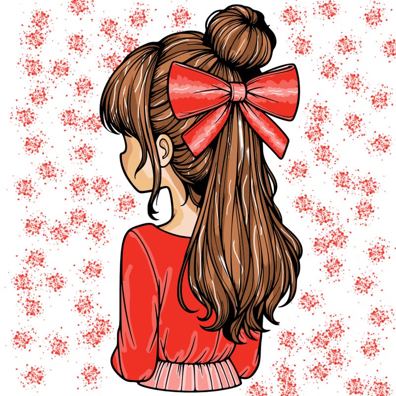 realistic girl  with hip length hair a bun and a big bow on the back of head