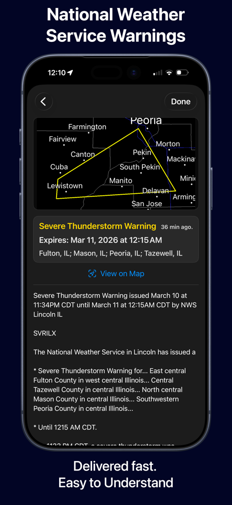 Radar Pro X - A severe thunderstorm warning notification and map display within the Radar Pro X mobile app interface.
