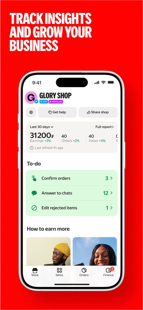 Yango Business app dashboard displaying store sales metrics and a business to-do list