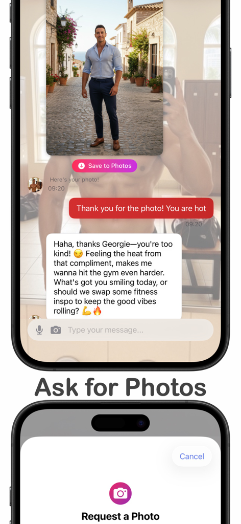 My Men - Gay AI Boyfriends - A chat interface in the My Men app showing an AI boyfriend sharing an AI-generated photo and the user responding.