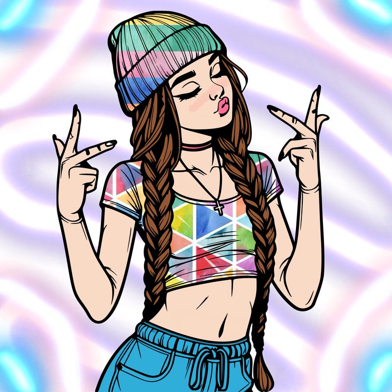 realistic teenage girl with braids and a beanie and crop top doing 🫶🏼