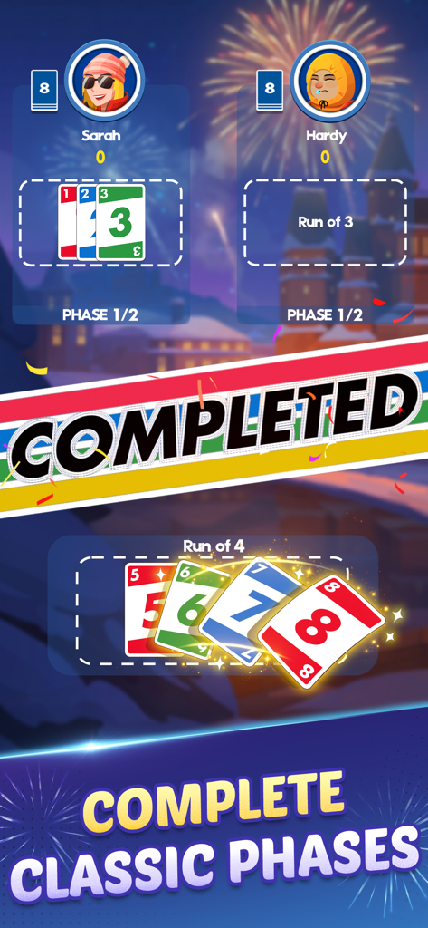 A screenshot of the Phase 10 mobile app showing cards and the message Complete Classic Phases.