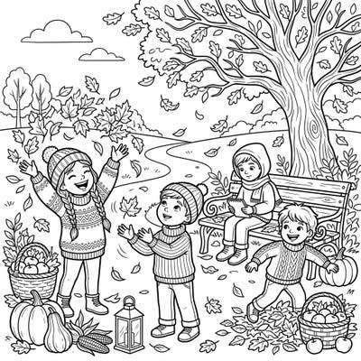 Celebrate the heartwarming spirit of autumn with this charming coloring page, showcasing children reveling in a world of falling leaves and seasonal delights. This template perfectly captures their joy and wonder, inviting you to add vibrant hues to their autumn adventure.