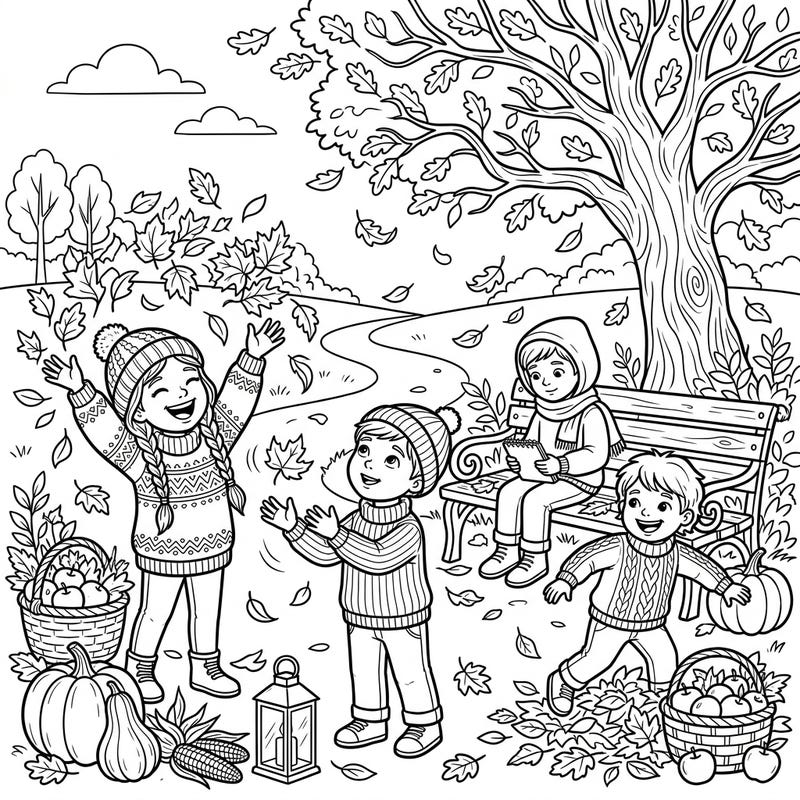 Celebrate the heartwarming spirit of autumn with this charming coloring page, showcasing children reveling in a world of falling leaves and seasonal delights. This template perfectly captures their joy and wonder, inviting you to add vibrant hues to their autumn adventure.