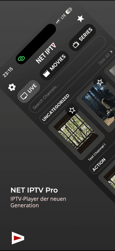 Pantalla de inicio de la aplicación móvil Net ipTV Pro mostrando navegación para TV en vivo, películas y series