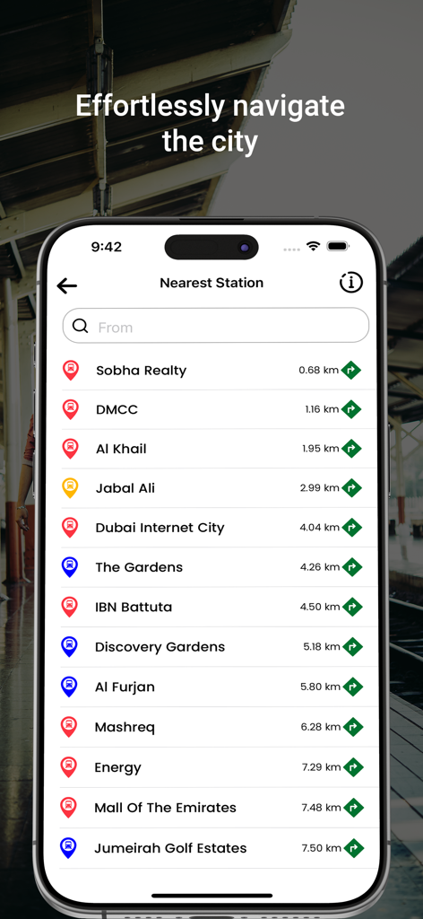 Dubai Metro - Route & Schedule - 最寄り駅のリストと距離が表示されたドバイメトロアプリの画面。