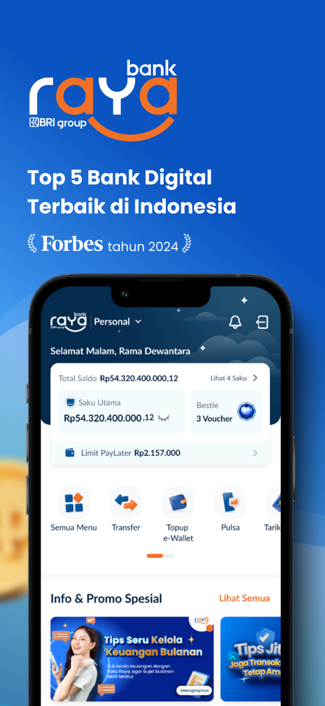 Raya Digital Bankアプリのインターフェース。アカウント残高と金融サービスアイコンがスマートフォンの画面に表示されています。