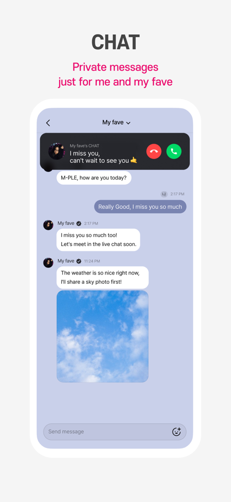 A private chat screen in the Plus Chat app showing text messages and a shared photo between a fan and a K-Pop artist
