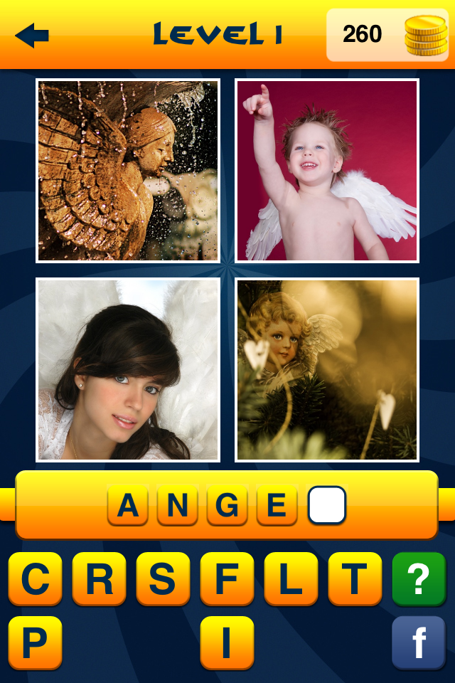 WordApp2 - 4 Pics, 1 Word, What's that word? second edition - A puzzle level in WordApp2 showing four images of angels and a letter selection grid to solve the word