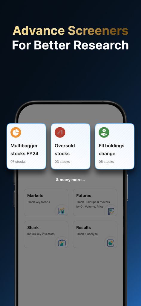 Interface do aplicativo Univest mostrando screeners avançados de ações para pesquisa de ações 'multibagger' e 'oversold'