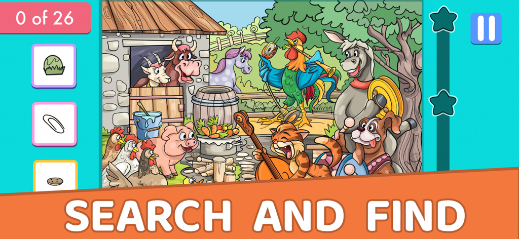 Suchbild-Spielbildschirm mit Cartoon-Bauernhoftieren und versteckten Objekten