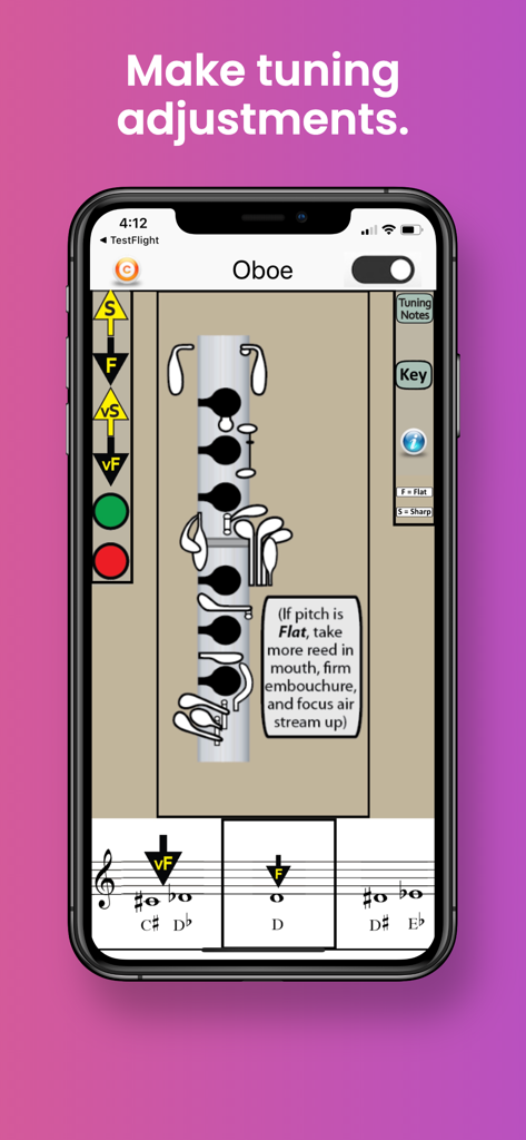 Oboe Fingering & Tuning - Pantalla de la aplicación de oboe que muestra consejos de afinación para tono bajo y digitaciones de notas