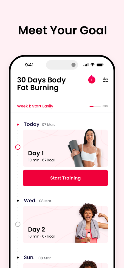JustFit app interface displaying a 30 day body fat burning fitness plan with daily workout cards and a start training button.