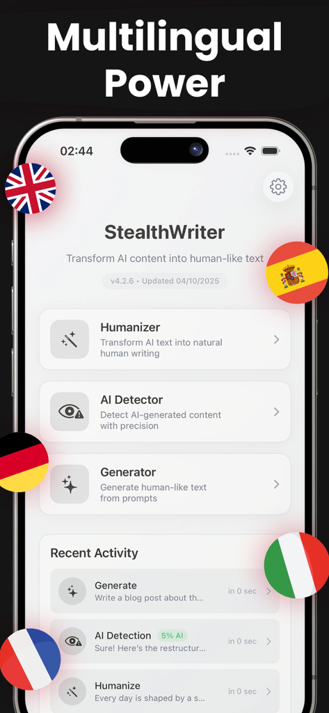 Stealth Writer AI app interface on iPhone displaying multilingual capabilities and main tools like humanizer and detector
