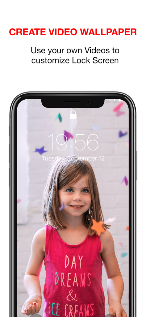 An iPhone displaying a custom live wallpaper of a smiling young girl on the lock screen.