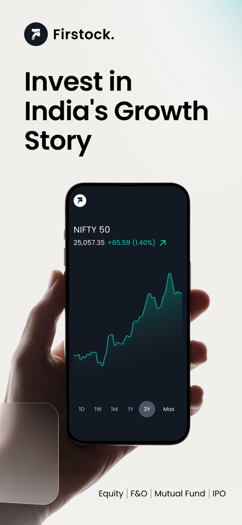 Firstock mobile app displaying a rising NIFTY 50 stock chart with the slogan Invest in India's Growth Story