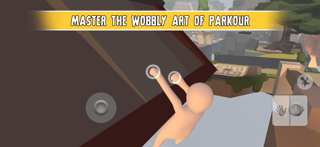 A white wobbly character climbing a rooftop in Human Fall Flat with parkour gameplay text
