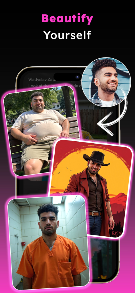 WOMBO Meme: Character Creator - Examples of AI character transformations of a man into various personas like a cowboy and a prison inmate