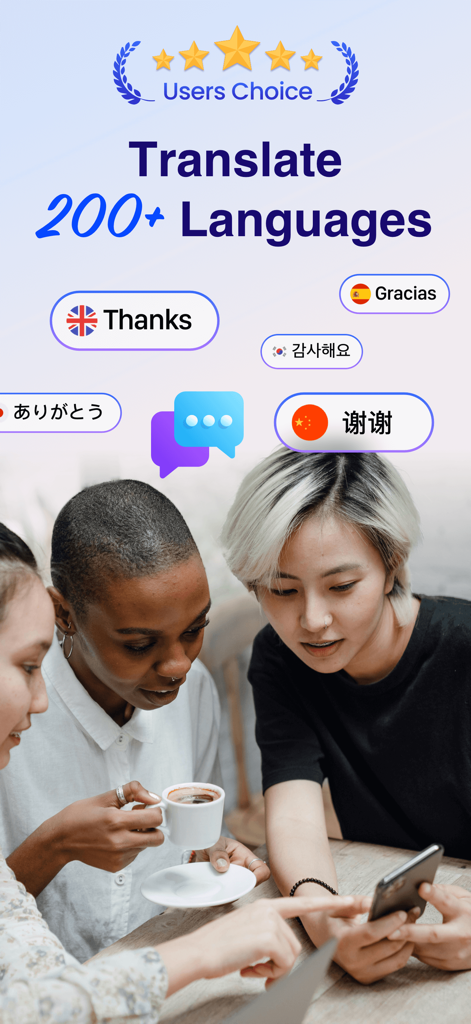 Voice Translate: AI Translator - La aplicación Voice Translate AI Translator mostrando soporte para más de 200 idiomas y personas usando la aplicación juntas.