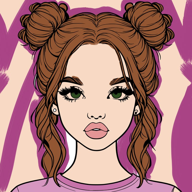 realistic girl with two buns in hair and lips