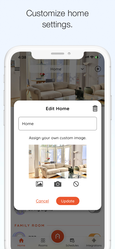 Hubspace - Interface for customizing home name and image in the Hubspace app.