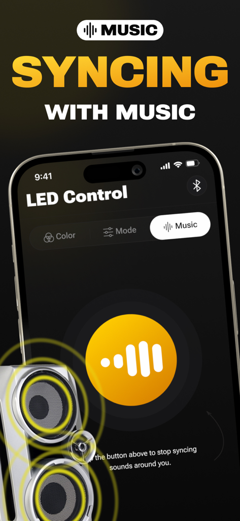 Écran d'iPhone affichant la fonction de synchronisation musicale de l'application de télécommande de bande LED