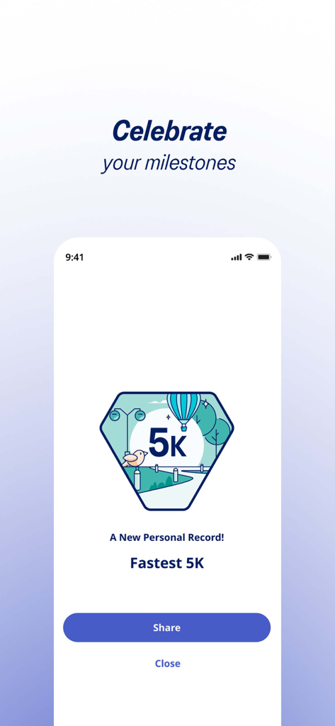 Capture d'écran de l'application mobile ASICS Runkeeper célébrant un record personnel de vitesse sur 5 km.