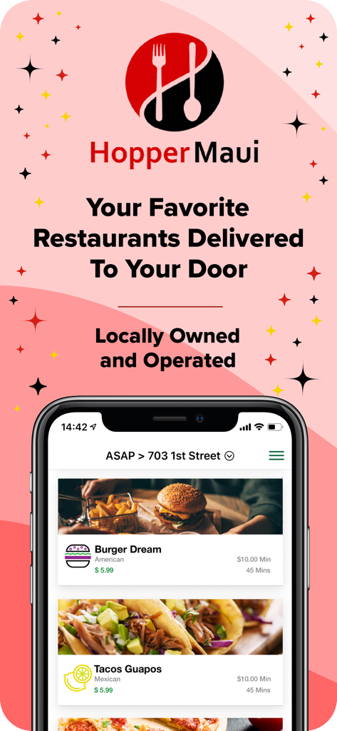 Hopper Maui - Hopper Maui local food delivery app interface showing restaurant listings