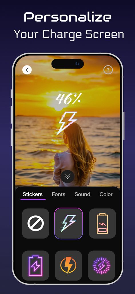 Charging Screen Animation Show - Smartphone screen showing customization options for battery charging animations with neon stickers and video backgrounds
