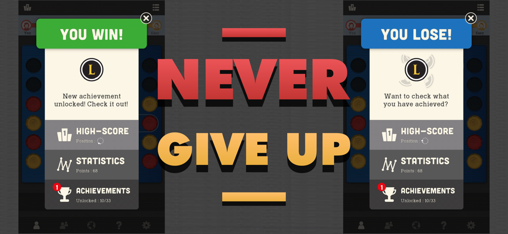 Four In A Row - Classic Games - Screenshots des mobilen Spiels Vier Gewinnt, die Sieg- und Niederlagebildschirme mit Spielerstatistiken und Erfolgen zeigen