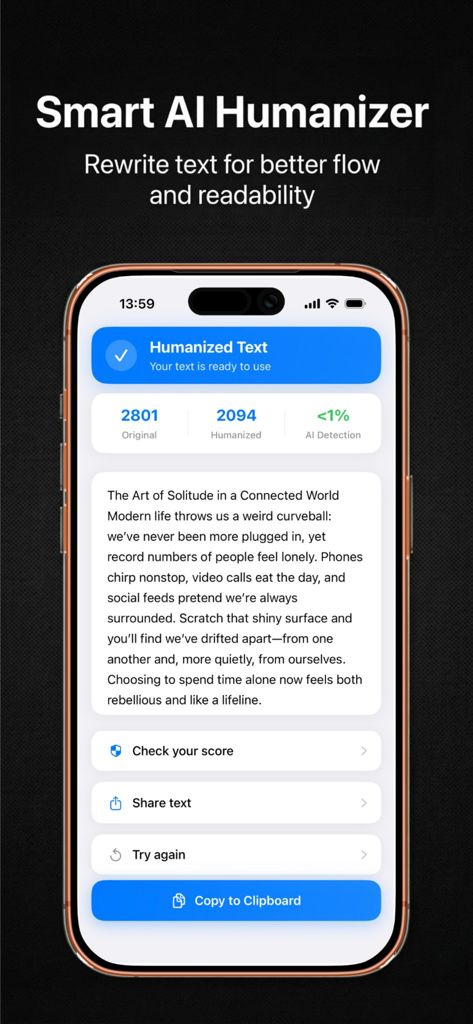 Humanize AI: Text Rewriter - Smart AI Humanizer app interface showing rewritten text with low AI detection percentage