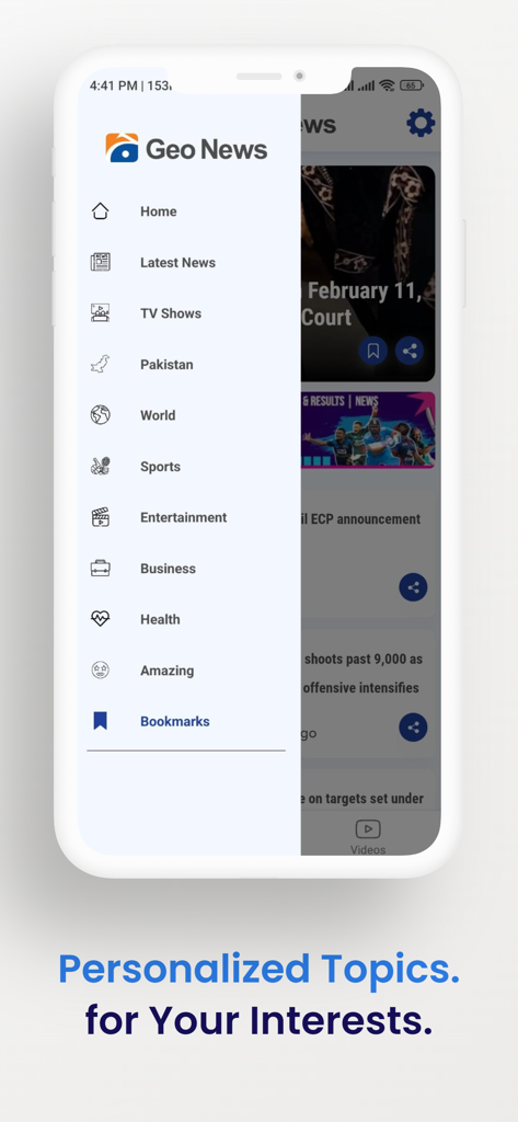 Menu de navegação lateral do aplicativo Geo News mostrando categorias como Paquistão, Mundo, Esportes e Negócios.