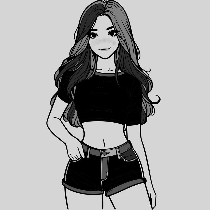 teenage girl with a crop top short shorts and long hair realistic