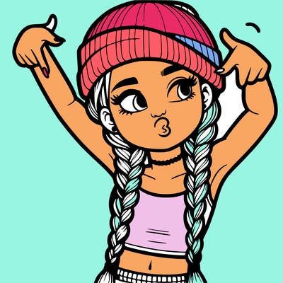 realistic teenage girl with braids and a beanie and crop top doing 🫶🏼