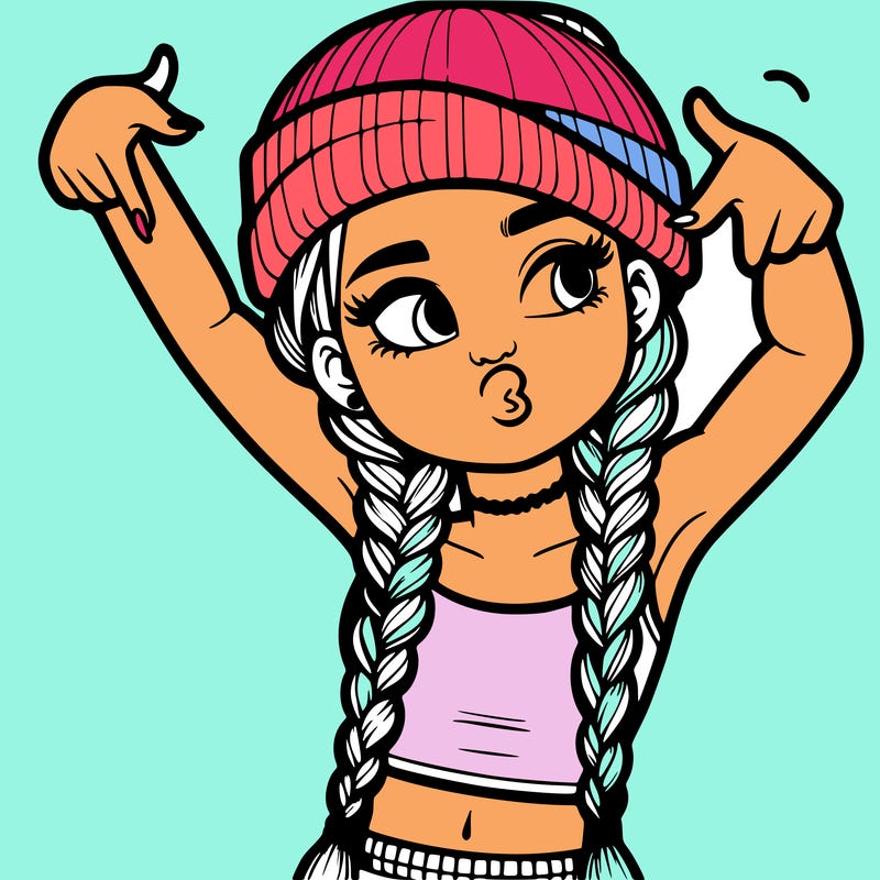 realistic teenage girl with braids and a beanie and crop top doing 🫶🏼