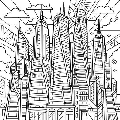Dive into a stunning urban landscape with this intricate tapered skyscrapers coloring page. Perfect for city enthusiasts, this design offers a detailed architectural challenge.