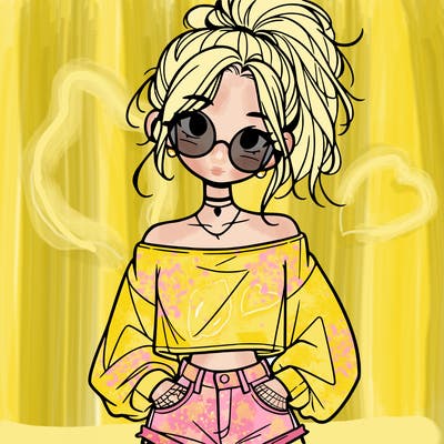 girl with a messy ponytail glasses a baggy crop top and jean shorts