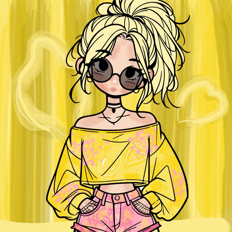 girl with a messy ponytail glasses a baggy crop top and jean shorts