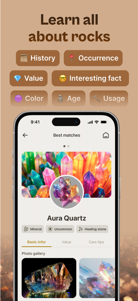 Tela de um aplicativo Rock ID mostrando detalhes de identificação e informações para cristais de Quartzo Aura