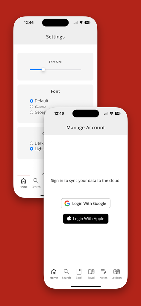 Cepher - Mobile screens of the Cepher app showing font size customization and account login for data synchronization