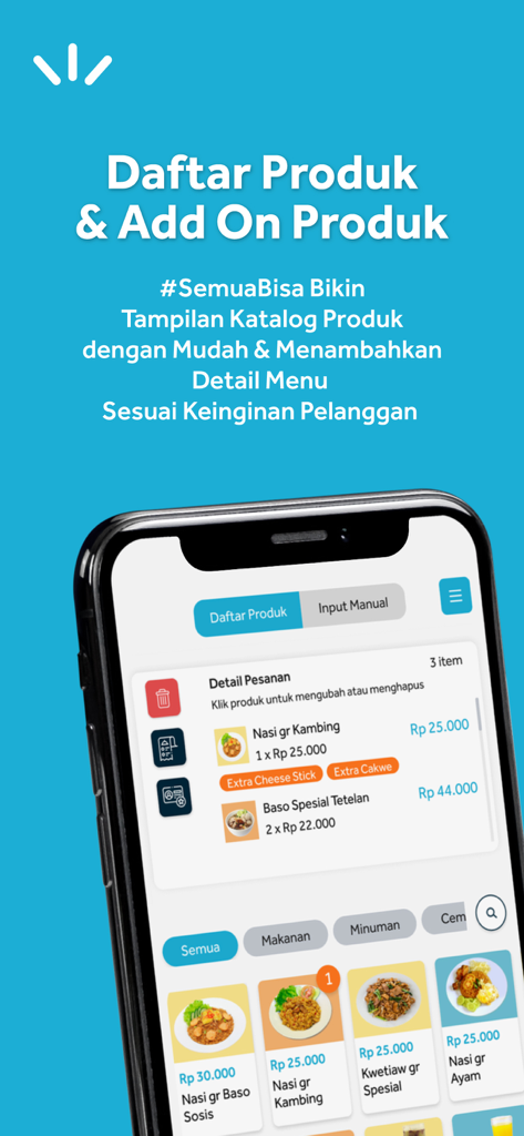 Youtap POS mobile application interface showing a digital product catalog and order details with customizable add-ons