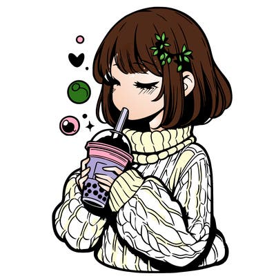 manga girl drinking boba in cozy sweater